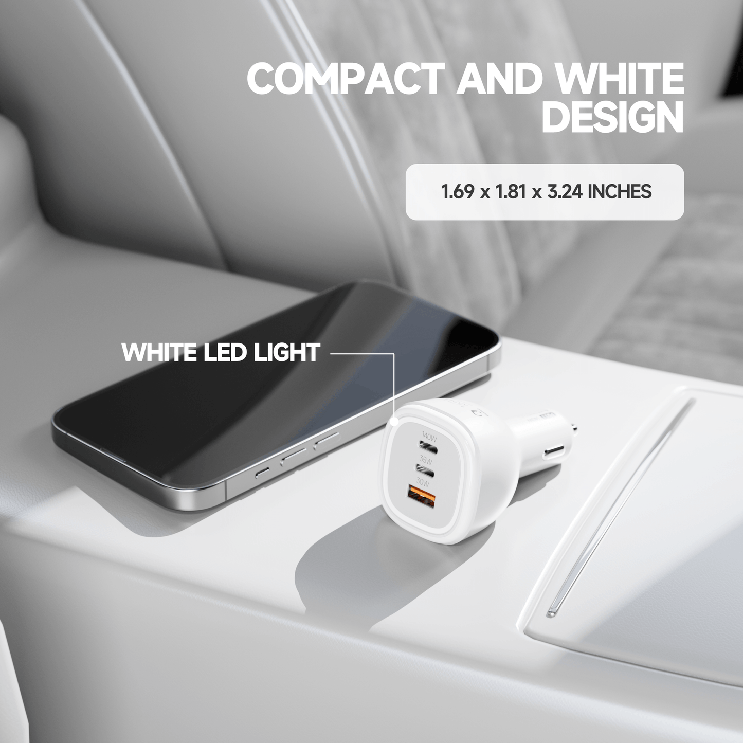 165W 3-Port PD3.1 GaN Car Charger (White, 12V/24V Outlet Sockets)